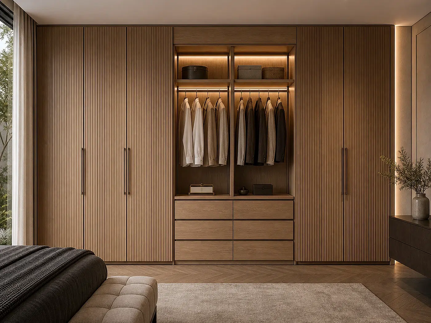 Fluted Oak Wardrobe Wall for Primary suites and boutique residences