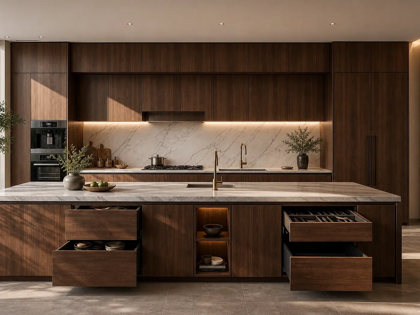 Walnut Linear Kitchen System for Open-plan villas and apartments